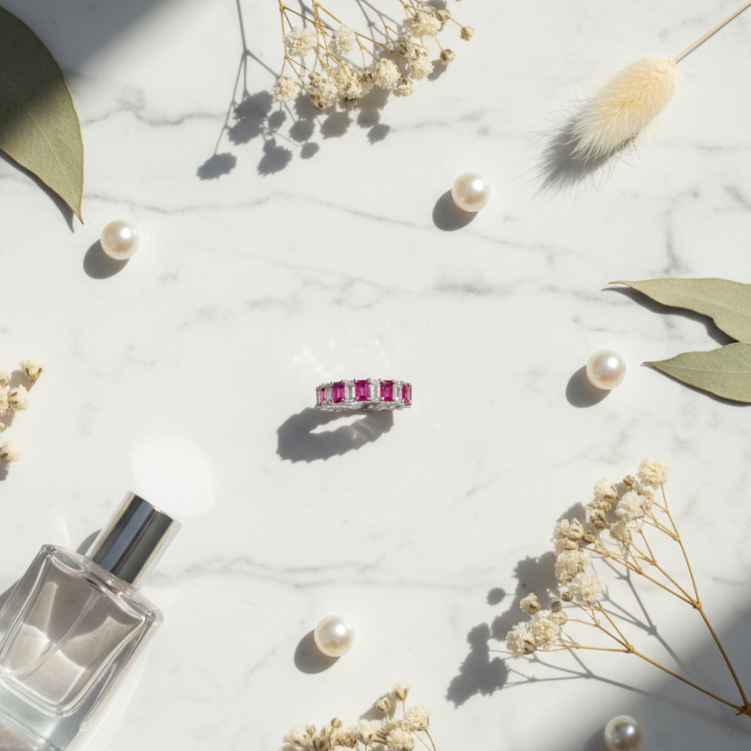 Ruby Baguette Eternity Ring Silver Crystal Accent Elegant Women’s Jewellery