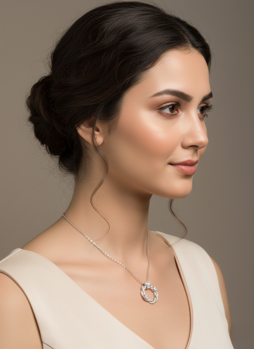 Ratmanee Silver Radiance Pendant – Twisted Circle Necklace with Sparkling Crystals