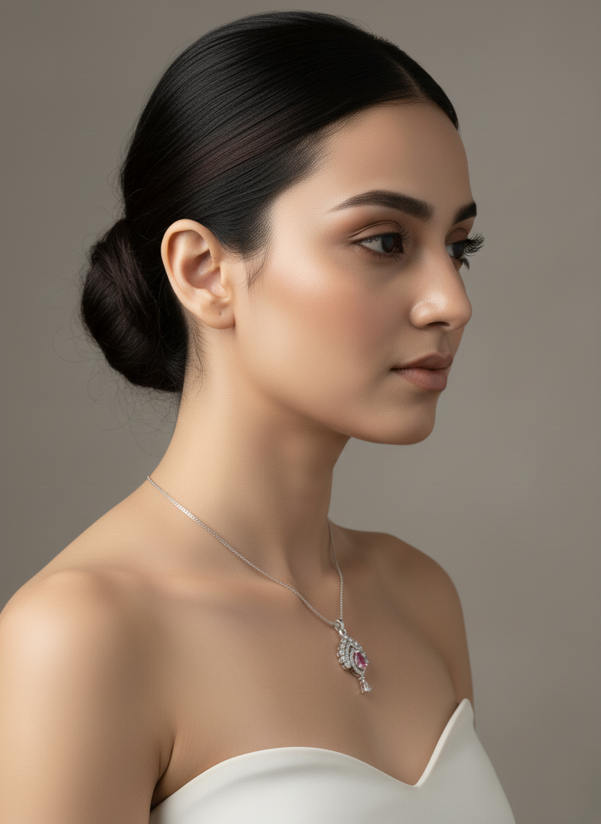 Ratmanee Silver Royale Pendant – Pink Teardrop Gem Necklace with Crystal Accents