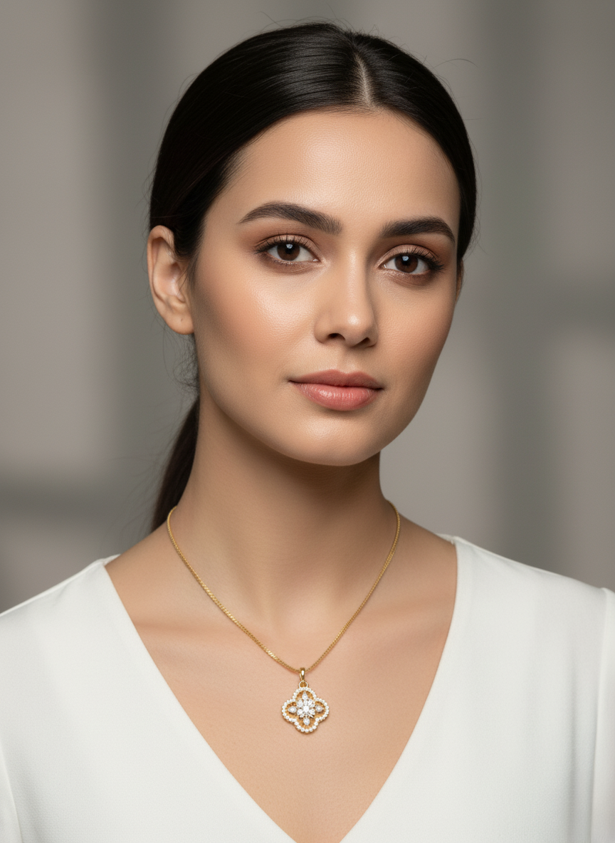 Ratmanee Golden Clover Pendant – Elegant Gold Necklace with Crystal Flower Center