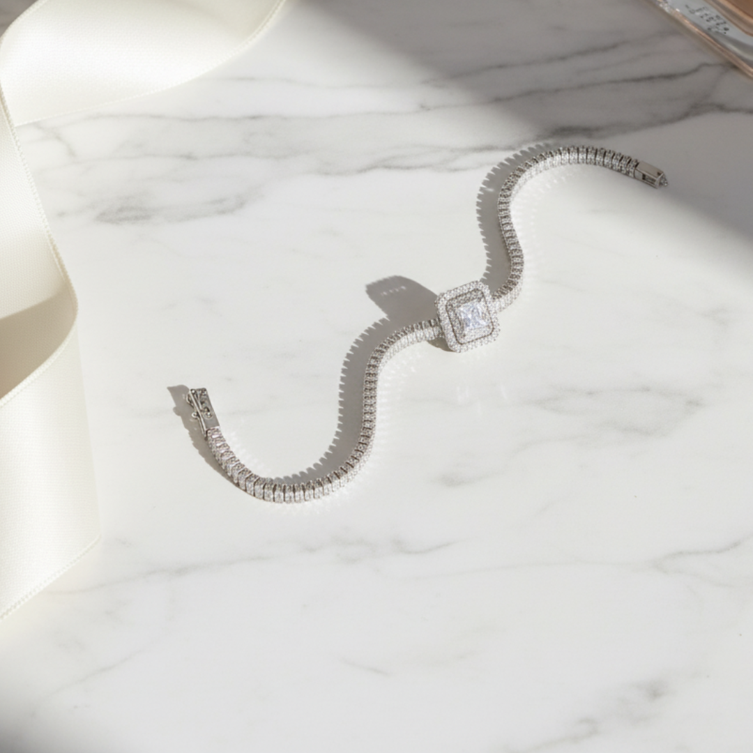 Silver Square-Cut Bracelet Elegant CZ Women’s Luxury Tennis Jewellery