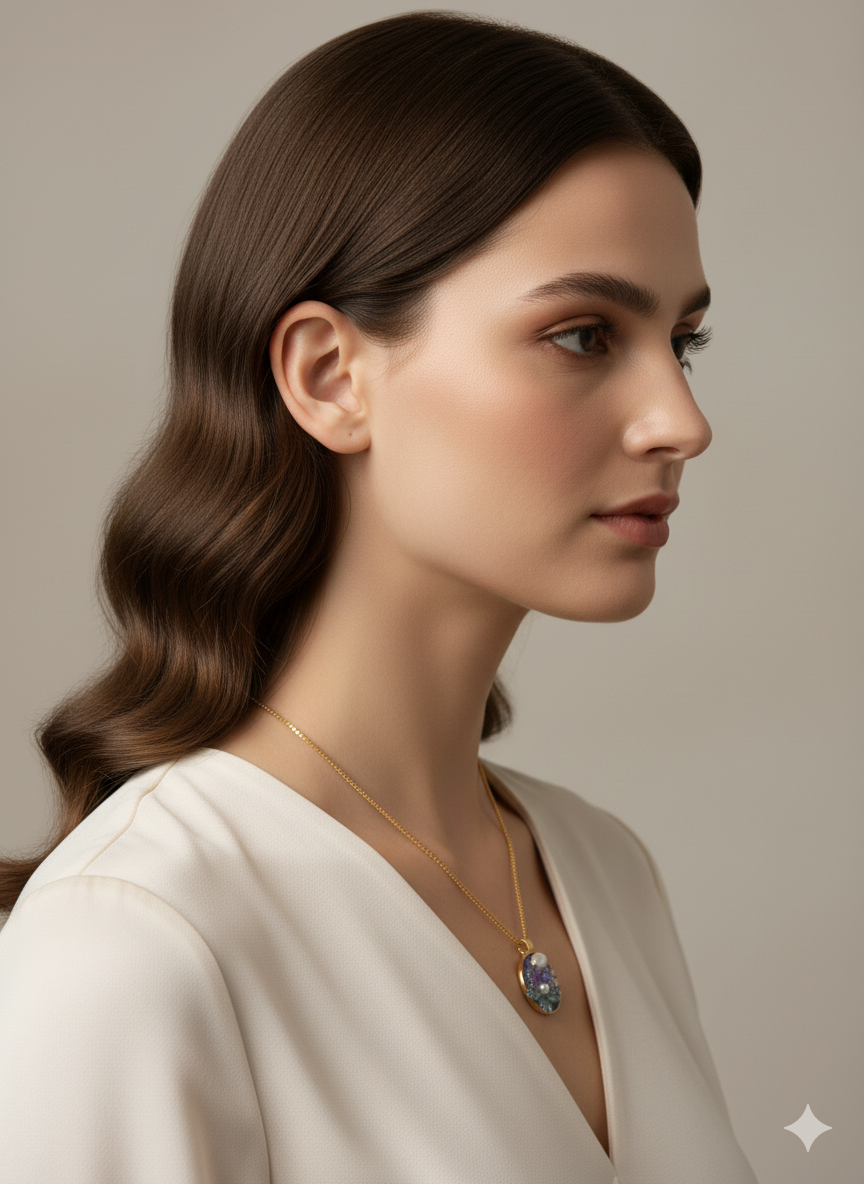 Ratmanee Garden Bloom Necklace – Artistic Gold Pendant with Pearl and Enamel Flowers