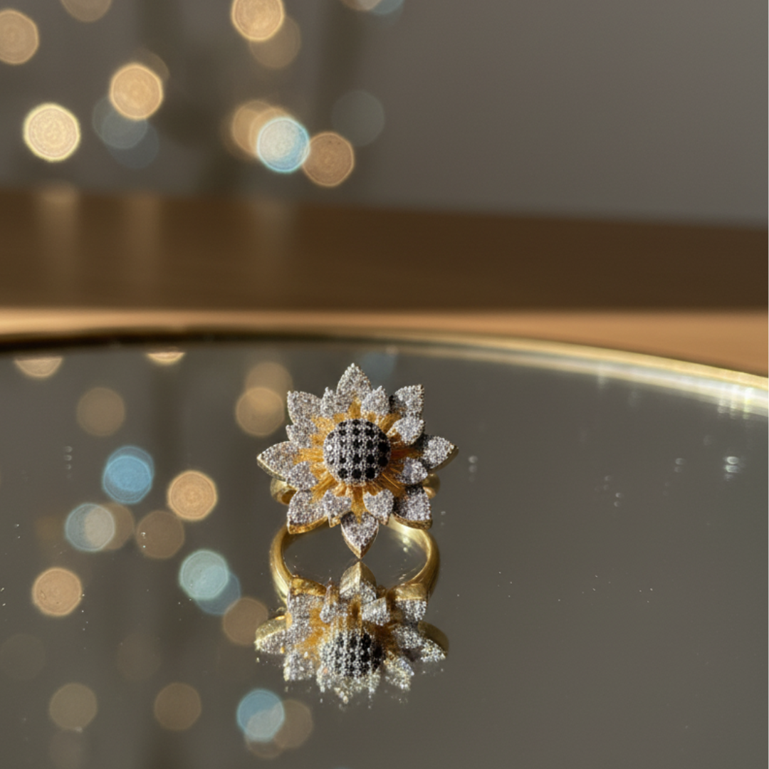 Sunflower Crystal Ring Gold Statement Floral Cocktail Jewellery