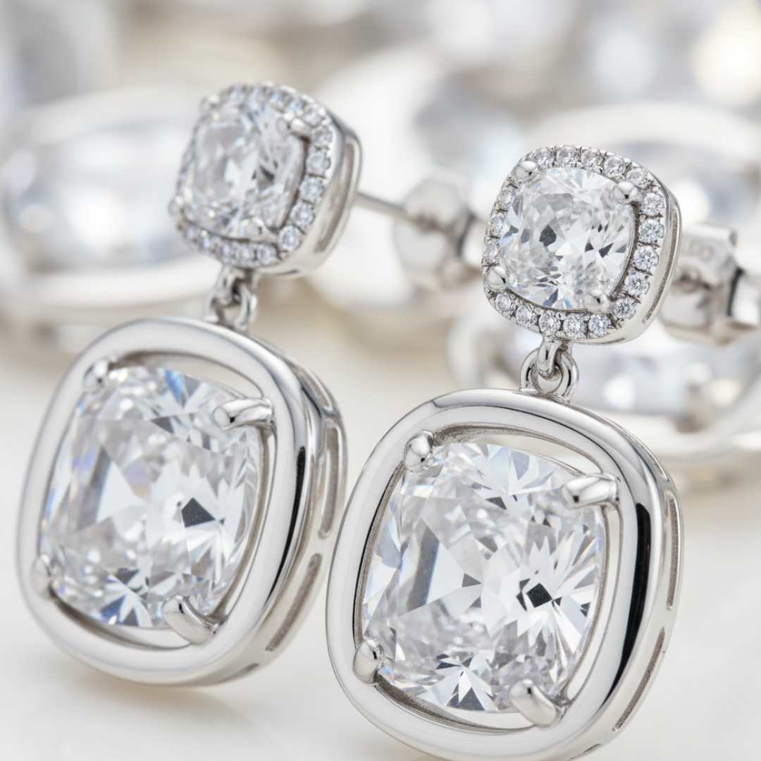 Silver Cushion-Cut Dangle Earrings Sparkling Crystal Statement Jewellery