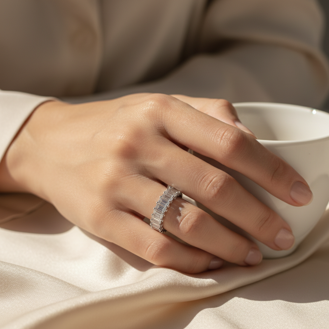 Silver Baguette Eternity Band Elegant Crystal Stackable Women’s Ring