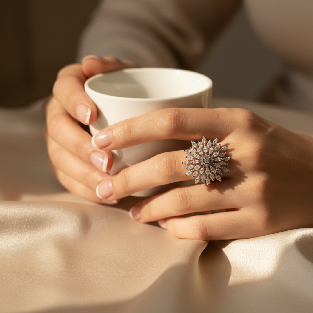 Floral Burst Crystal Ring Elegant Gold Statement Cocktail Jewellery