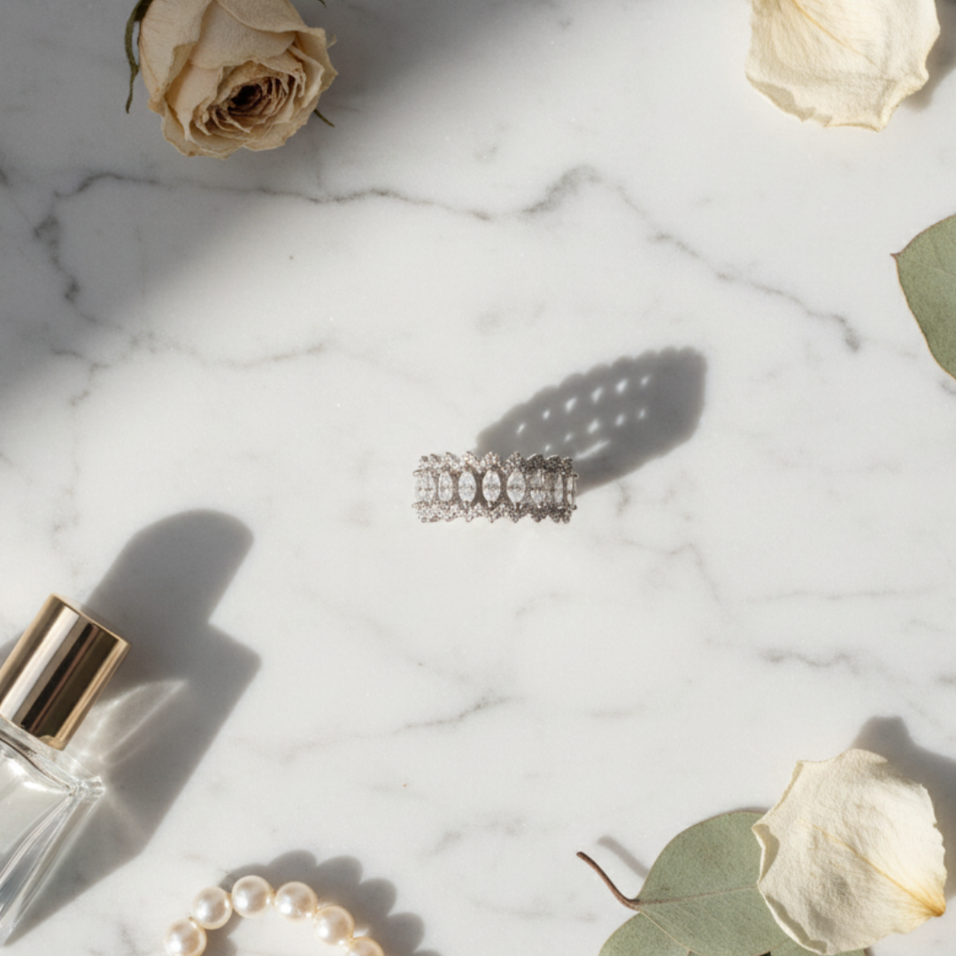 Marquise Crystal Eternity Band Elegant Silver Statement Women’s Ring