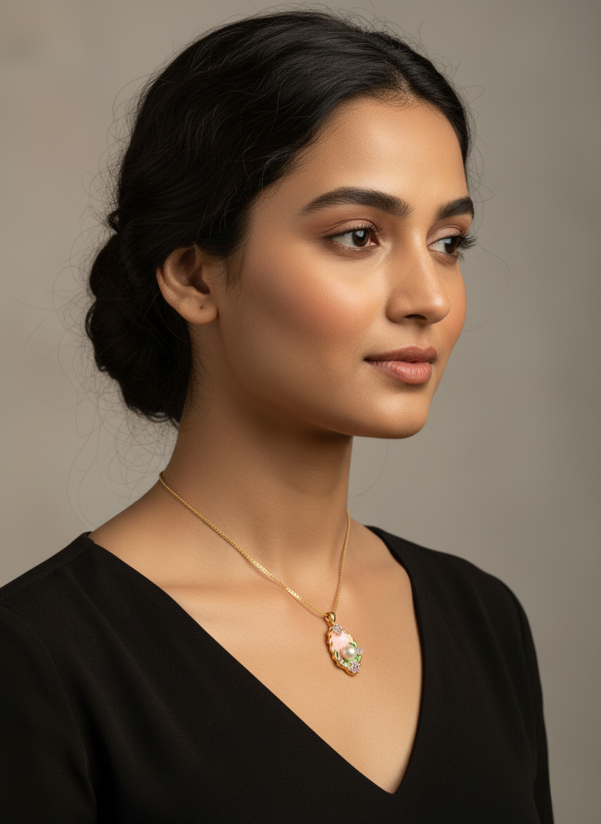 Ratmanee Pearl Bloom Necklace – Gold-Plated Pendant with Pink Enamel and Crystal Flowers