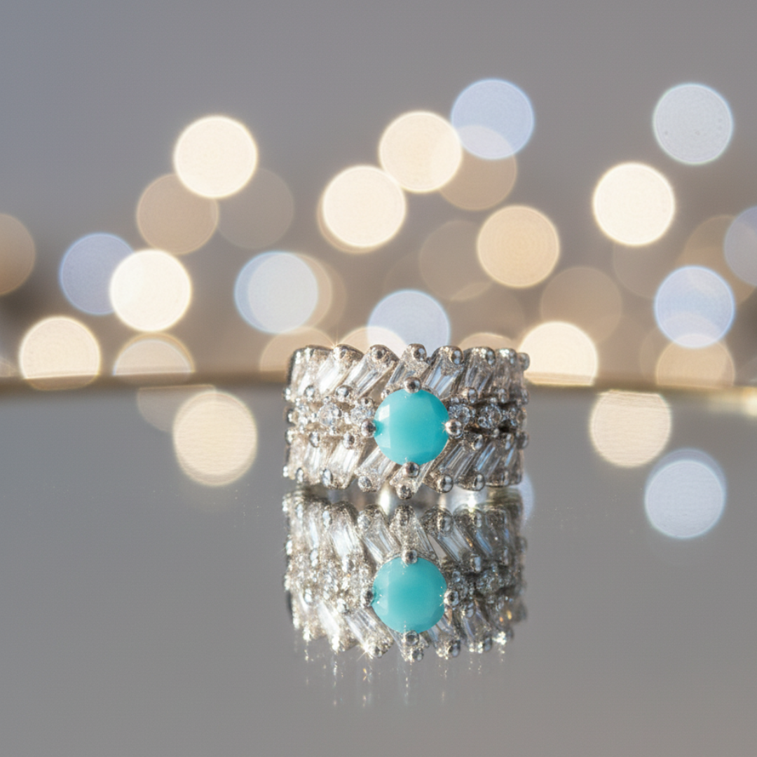 Turquoise Baguette Crystal Ring Silver Wide Band Statement Jewellery