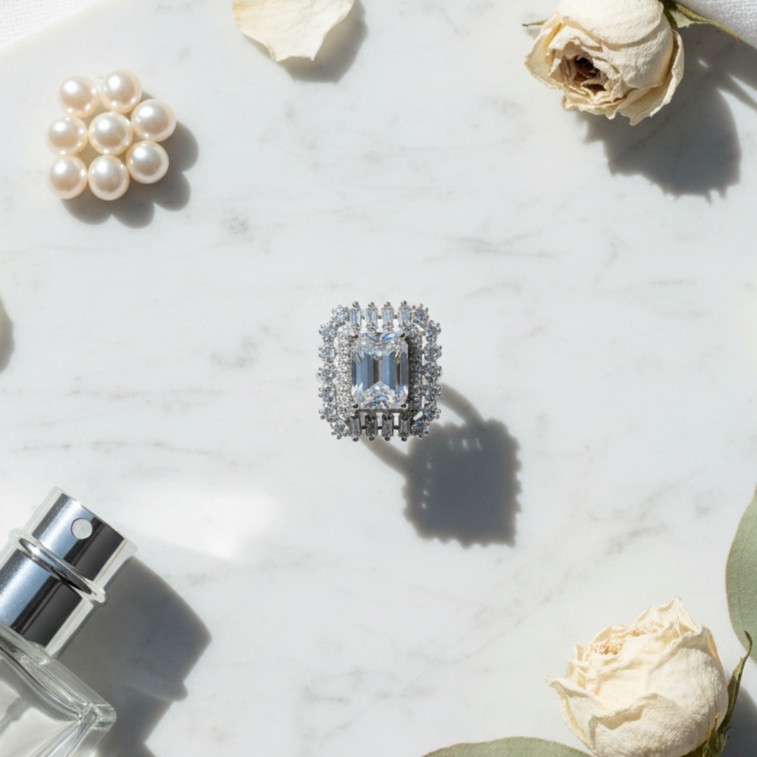 Emerald-Cut Crystal Halo Ring Luxury Silver Cocktail Statement Jewellery