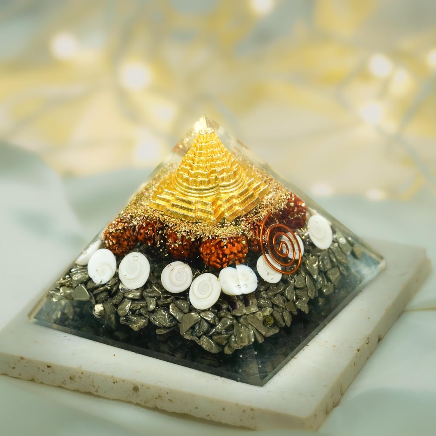 Dhanlabh Pyramid with Shree Yantra, Rudraksha, Gomti Chakra & Pyrite