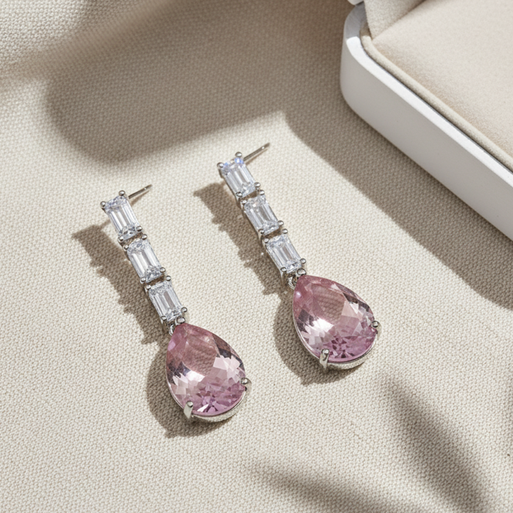 Pink Teardrop Dangle Earrings Elegant Crystal Silver Drop Earrings
