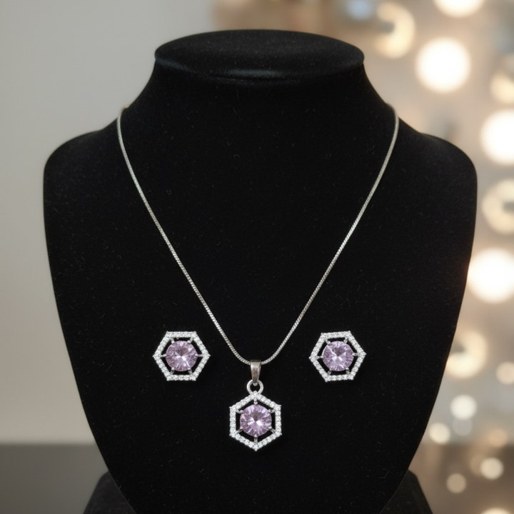 Hexagon Lavender Stone Jewellery Set Silver Pendant & Earrings for Women