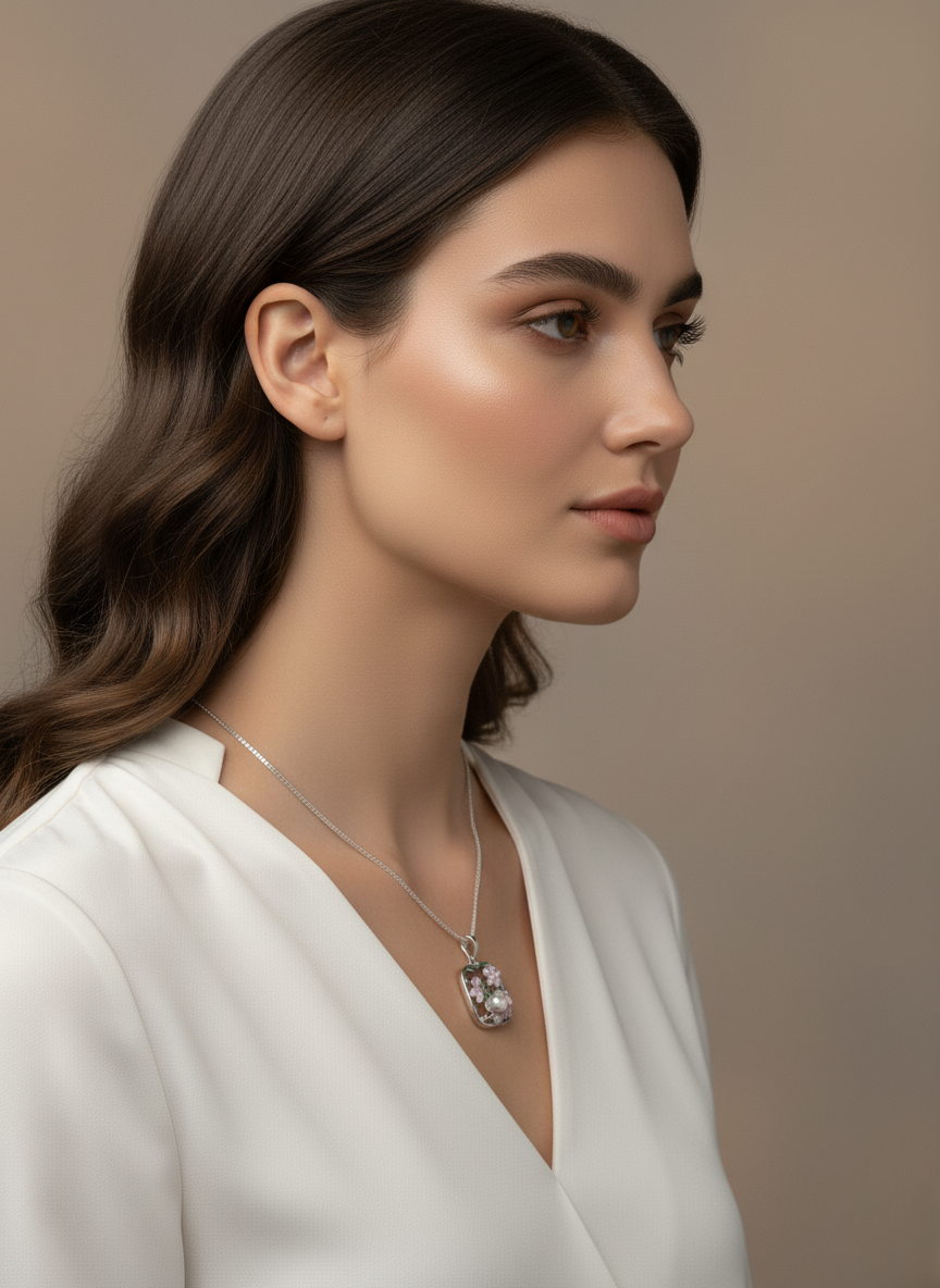 Ratmanee Lavender Bloom Pendant – Silver Necklace with Pearl and Enamel Flowers