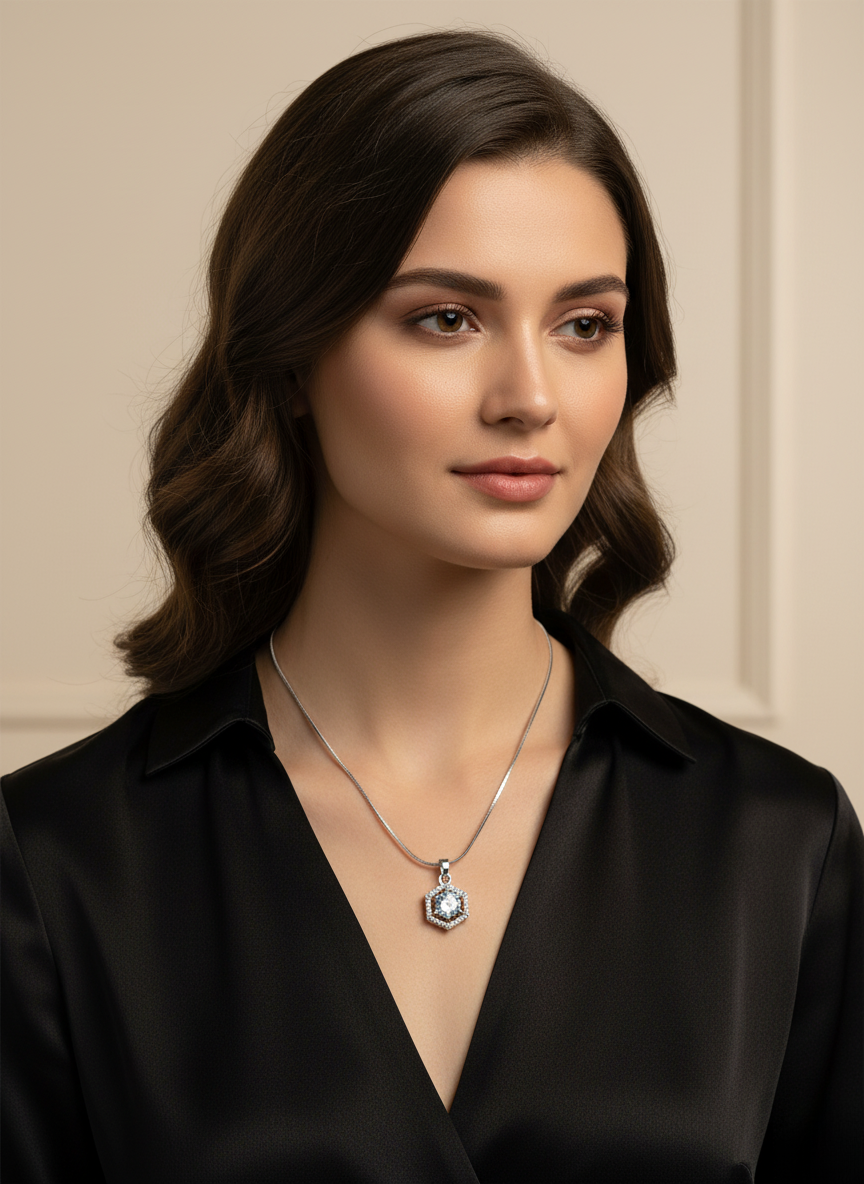 Ratmanee Silver Prism Necklace – Simple Hexagon Pendant with Crystal Center