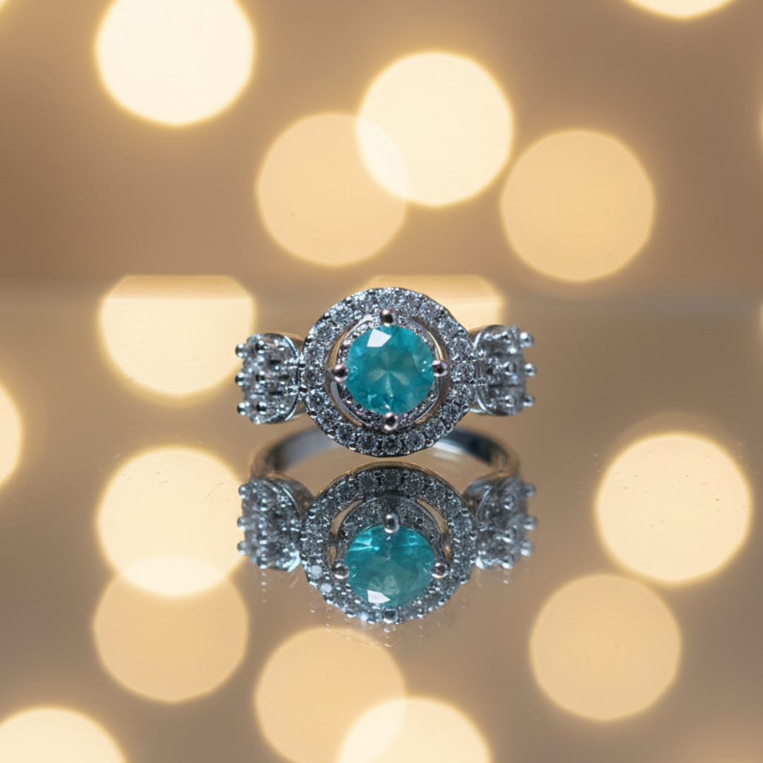 Teal Halo Crystal Ring Elegant Silver Statement Cocktail Jewellery