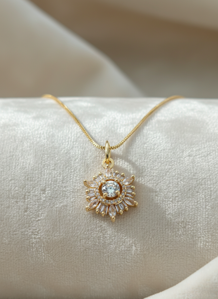 Ratmanee Sun Aura Pendant – Gold Necklace with Radiant Crystal Center
