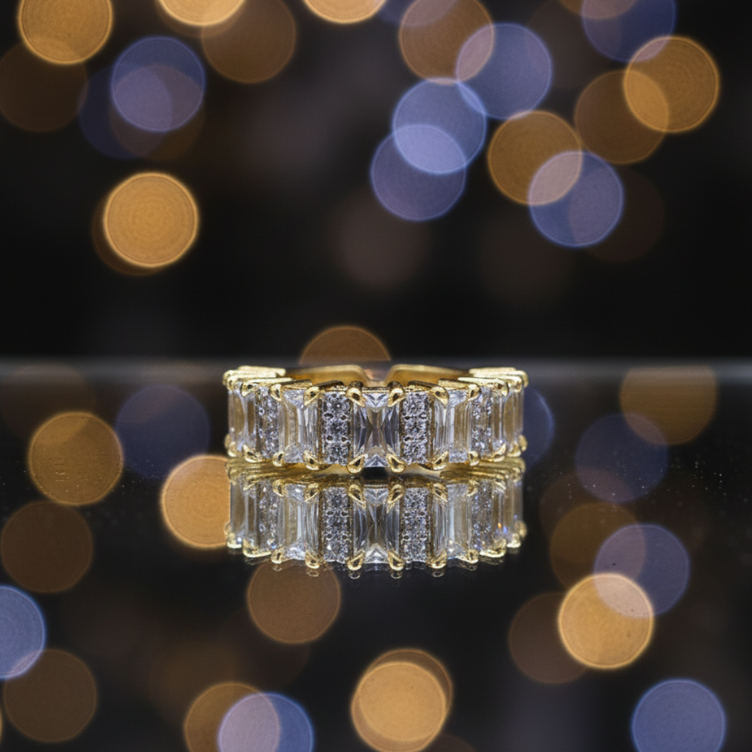 Gold Baguette Crystal Band Ring Elegant Everyday Stackable Jewellery