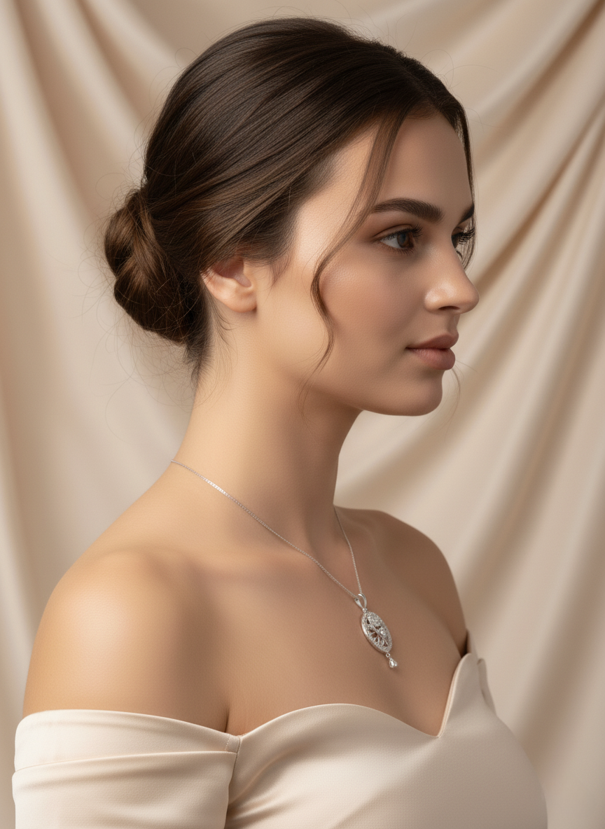 Ratmanee Silver Empress Pendant – Royal Round Necklace with Crystal Detailing