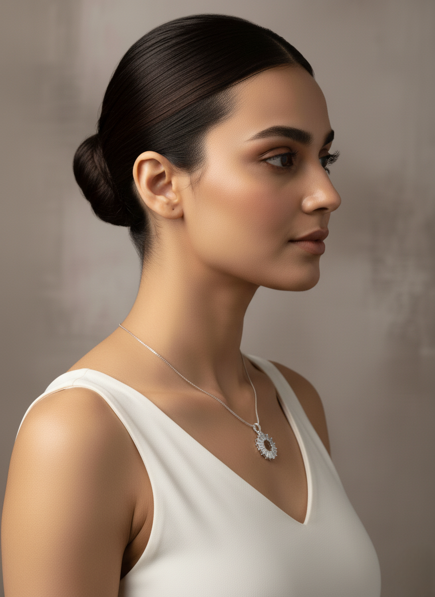 Ratmanee Silver Radiant Circle Pendant – Sparkling Round Necklace with Crystal Detailing