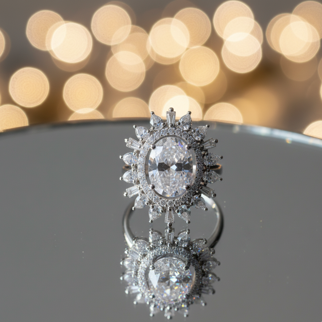 Oval Crystal Halo Ring Luxury Silver Statement Cocktail Jewellery