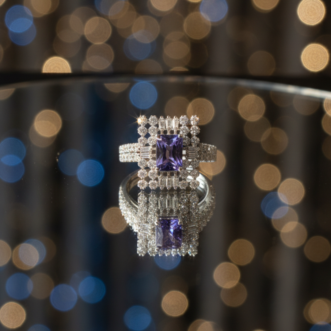 Violet Crystal Halo Ring Luxury Silver Cocktail & Statement Jewellery