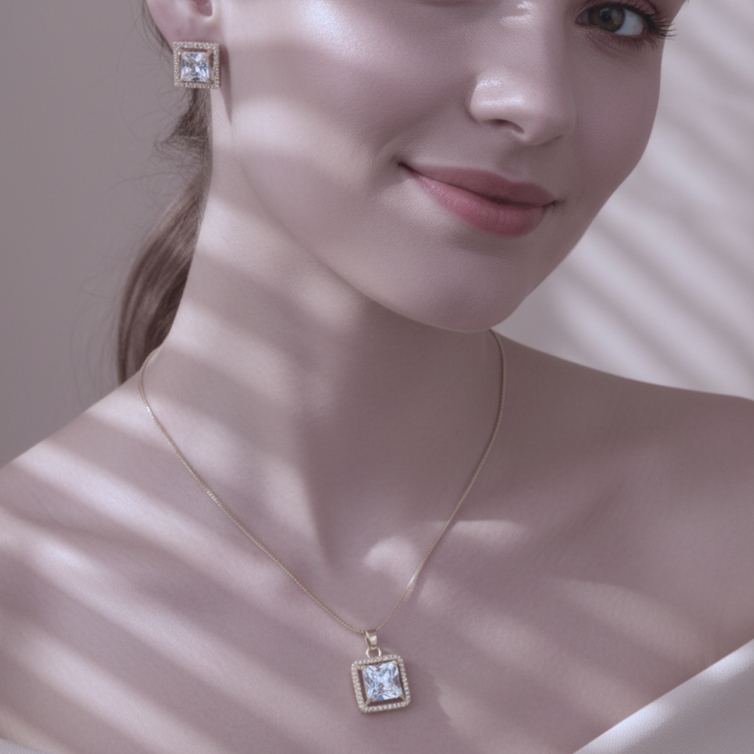 Elegant Square-Cut Silver Necklace & Earring Set |Sparkling CZ Jewellery Gift