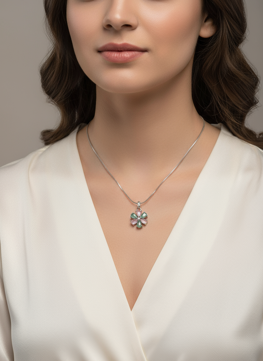 Ratmanee Blossom Pendant Necklace – Pink & Green Crystal Flower in Sterling Silver