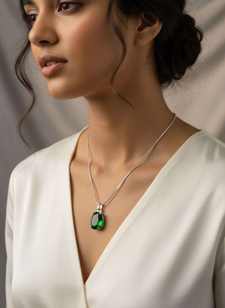 Ratmanee Emerald Radiance Necklace – Sterling Silver Pendant with Deep Green Gemstone
