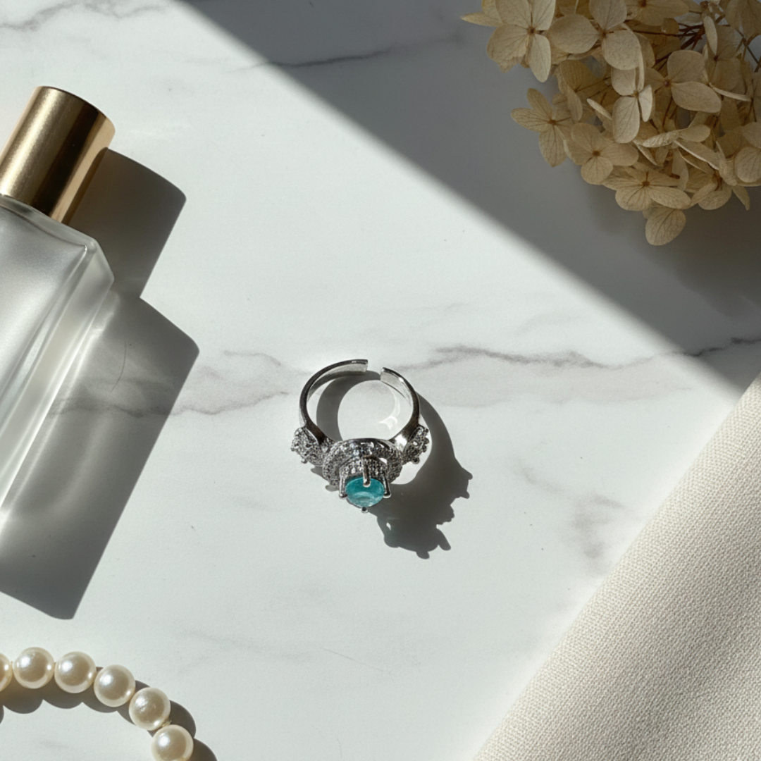 Teal Halo Crystal Ring Elegant Silver Statement Cocktail Jewellery