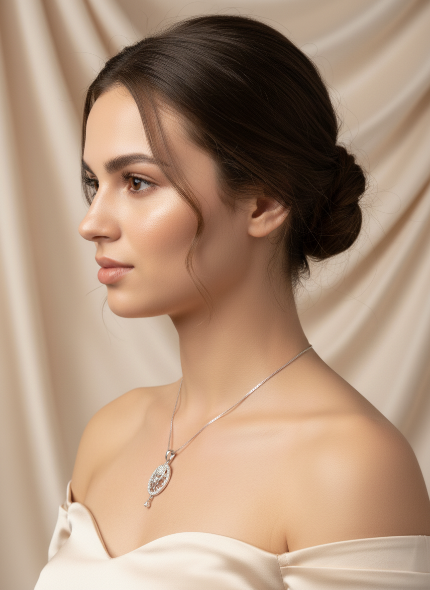 Ratmanee Silver Empress Pendant – Royal Round Necklace with Crystal Detailing