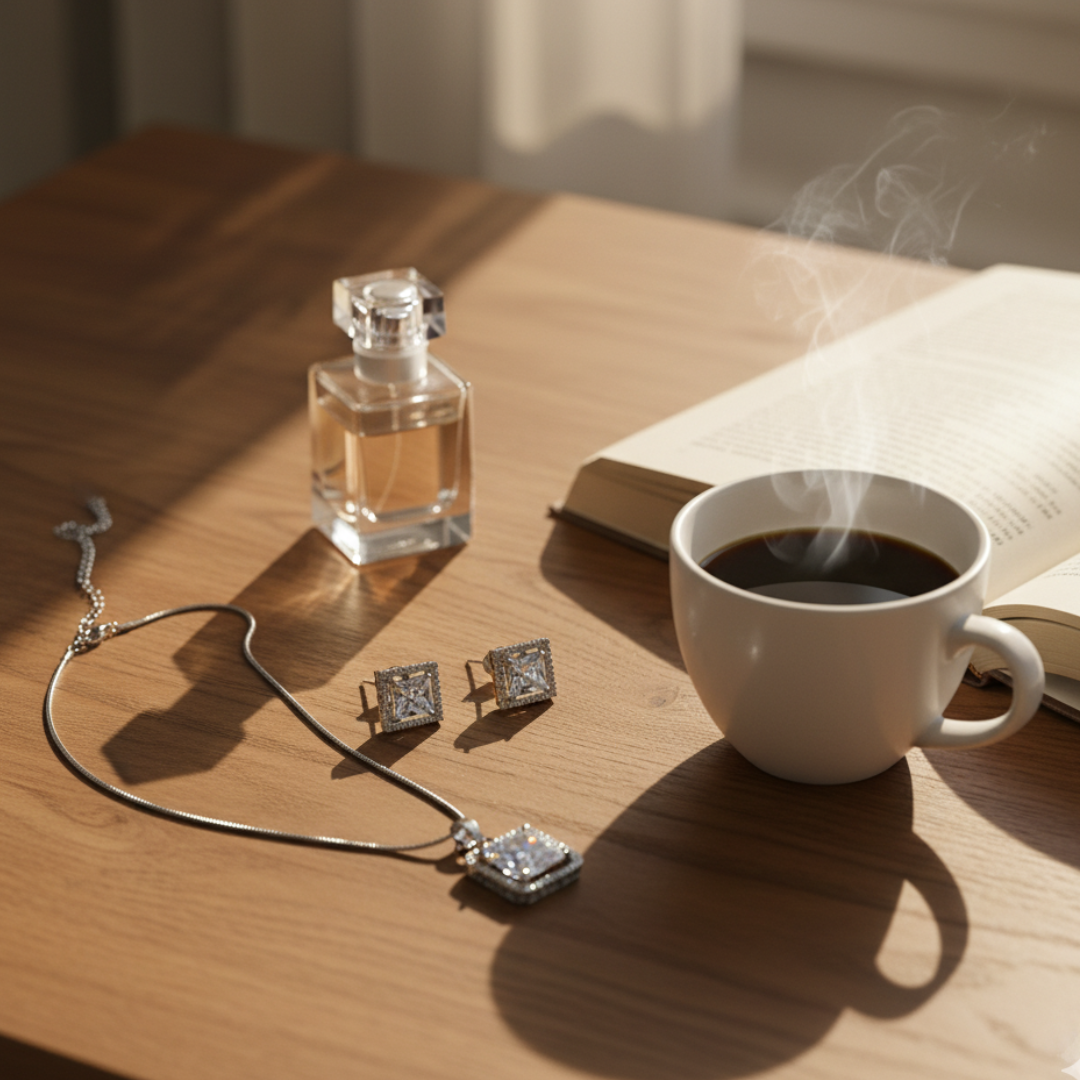 Elegant Square-Cut Silver Necklace & Earring Set |Sparkling CZ Jewellery Gift