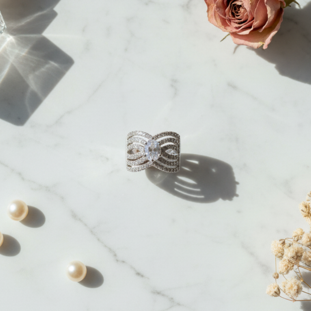 Silver Swirl Crystal Ring Elegant Statement Women’s Cocktail Jewellery