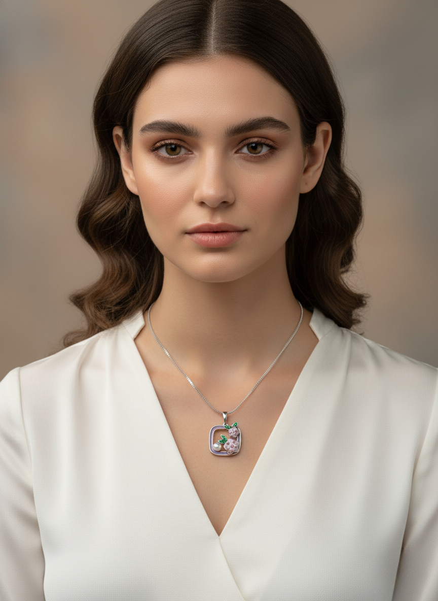Ratmanee Lavender Bloom Pendant – Silver Necklace with Pearl and Enamel Flowers