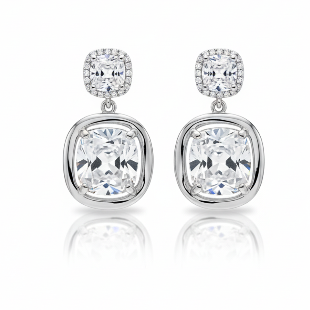 Silver Cushion-Cut Dangle Earrings Sparkling Crystal Statement Jewellery