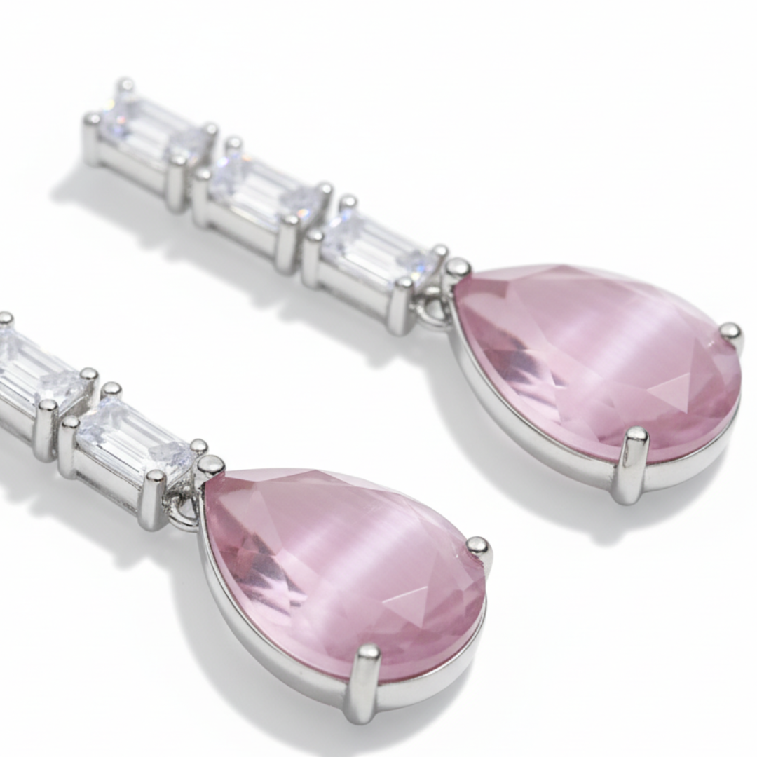 Pink Teardrop Dangle Earrings Elegant Crystal Silver Drop Earrings