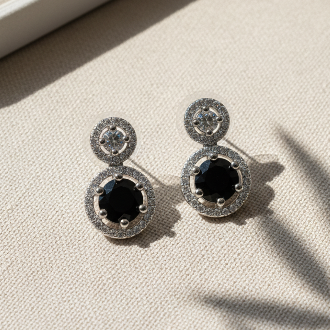Black Crystal Halo Earrings Elegant Silver Statement Stud Drop Jewellery