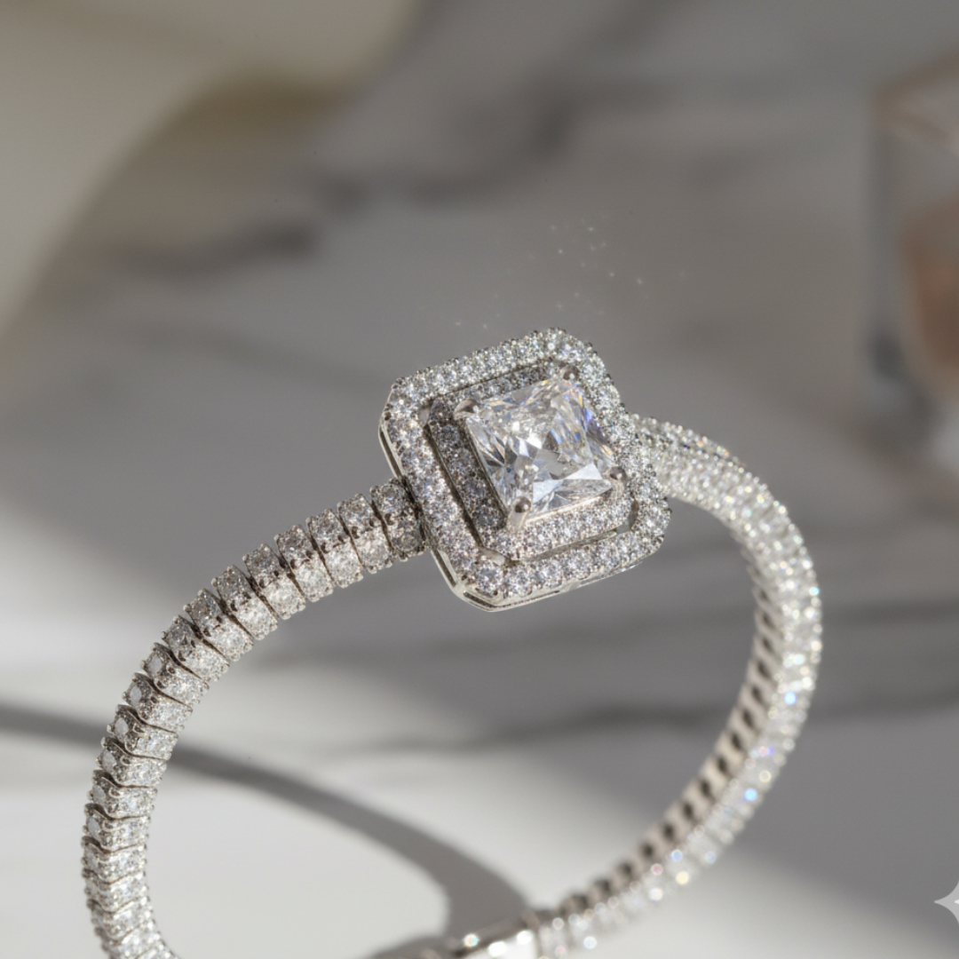 Silver Square-Cut Bracelet Elegant CZ Women’s Luxury Tennis Jewellery