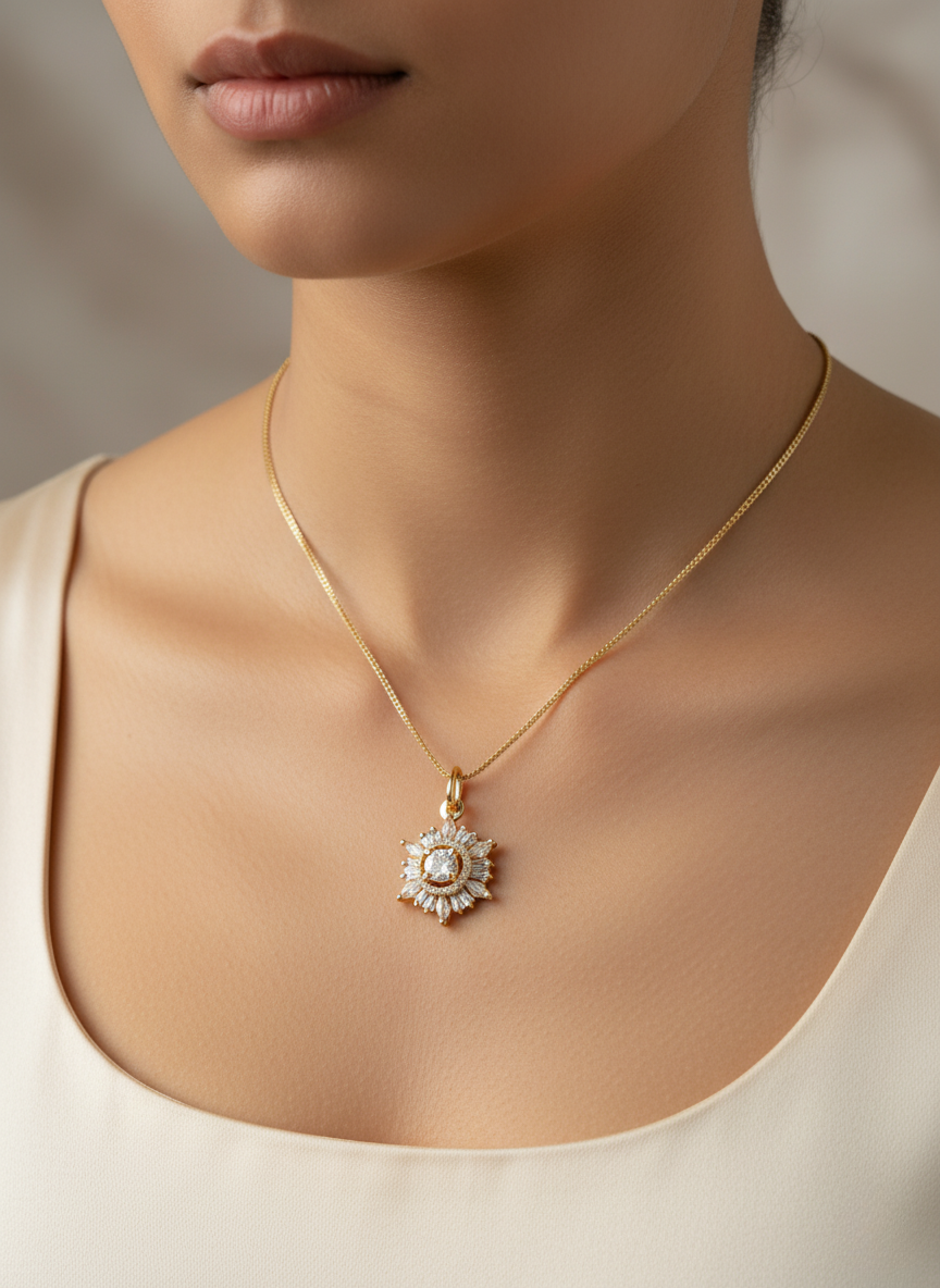 Ratmanee Sun Aura Pendant – Gold Necklace with Radiant Crystal Center