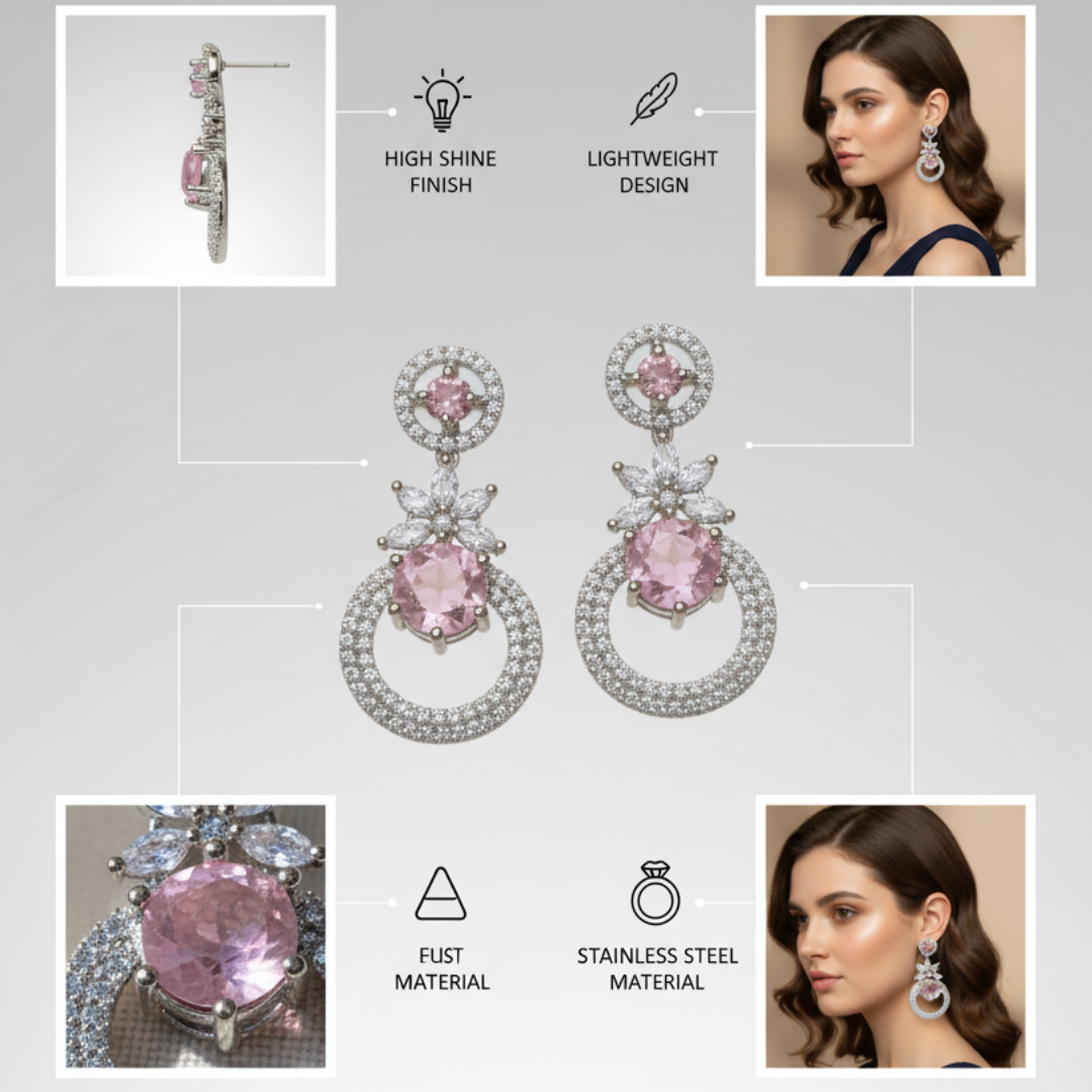 Pink Crystal Statement Earrings Luxury Silver Bridal & Party Jewellery