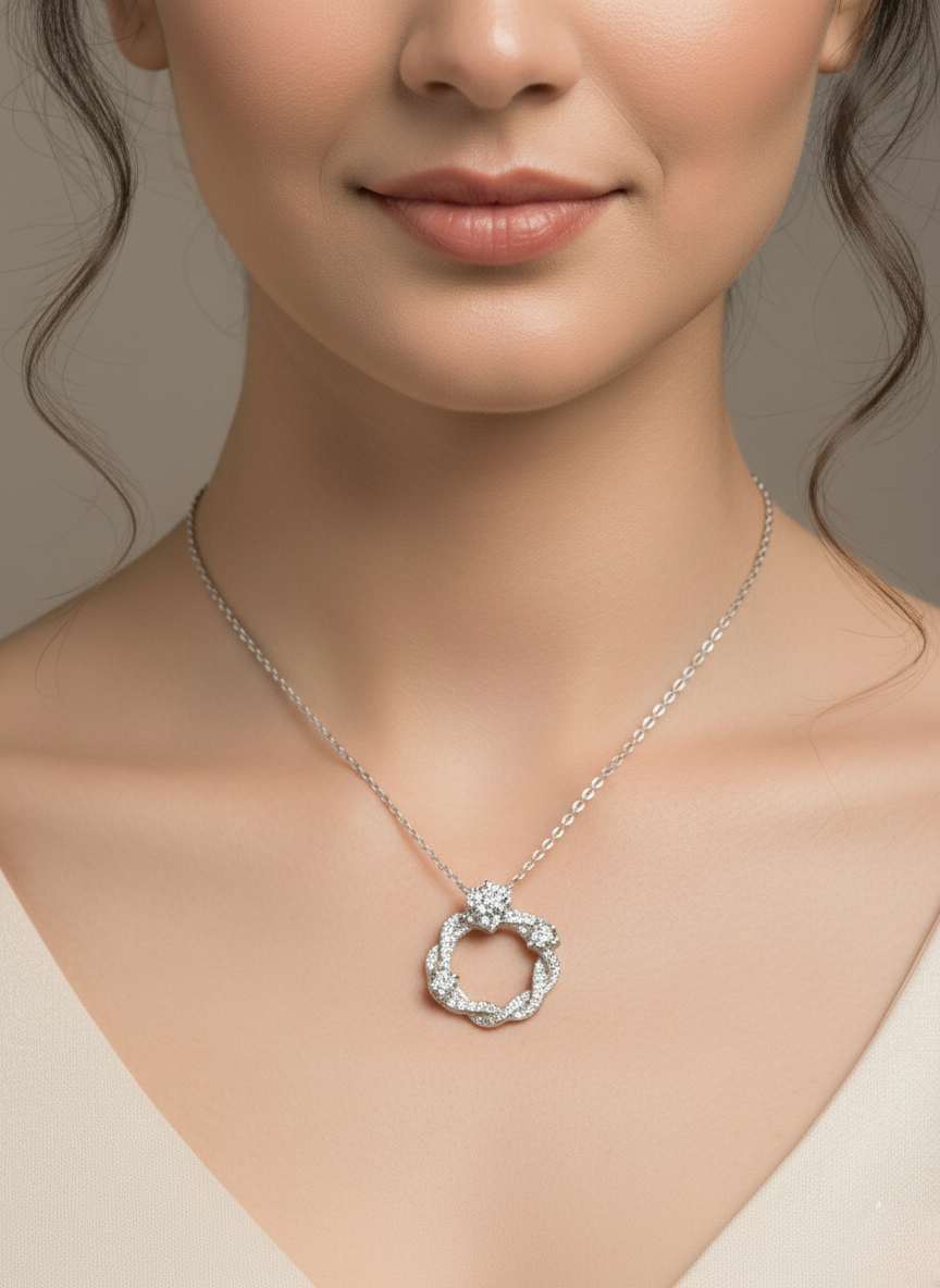 Ratmanee Silver Radiance Pendant – Twisted Circle Necklace with Sparkling Crystals