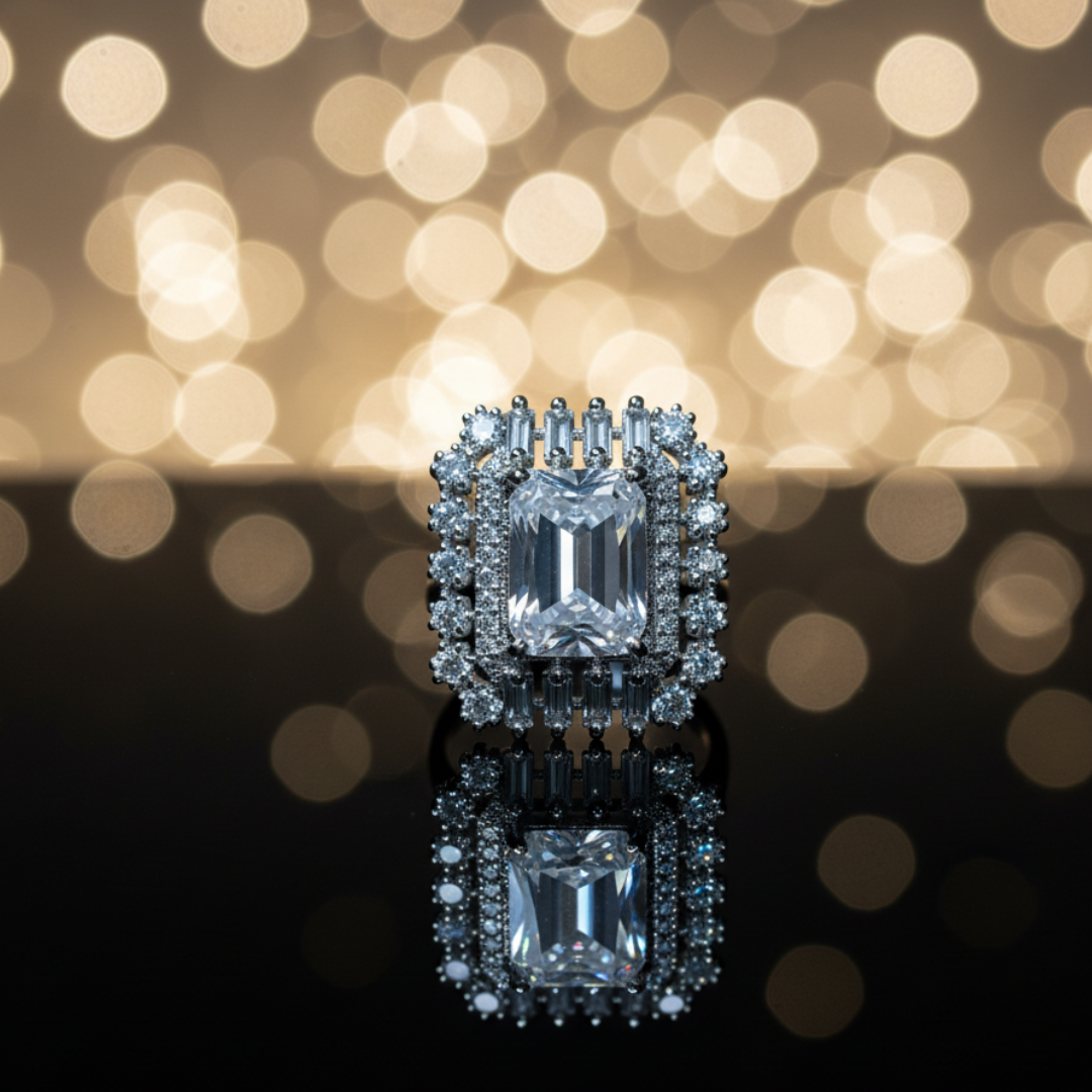 Emerald-Cut Crystal Halo Ring Luxury Silver Cocktail Statement Jewellery