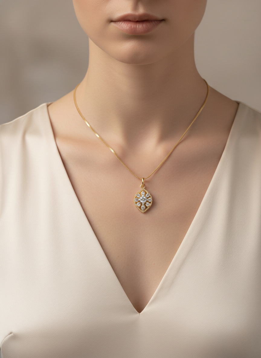 Ratmanee Golden Radiance Pendant – Teardrop Necklace with Sparkling Crystal Design