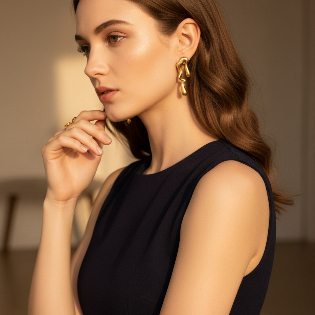 Golden Abstract Melt-Design Statement Earrings