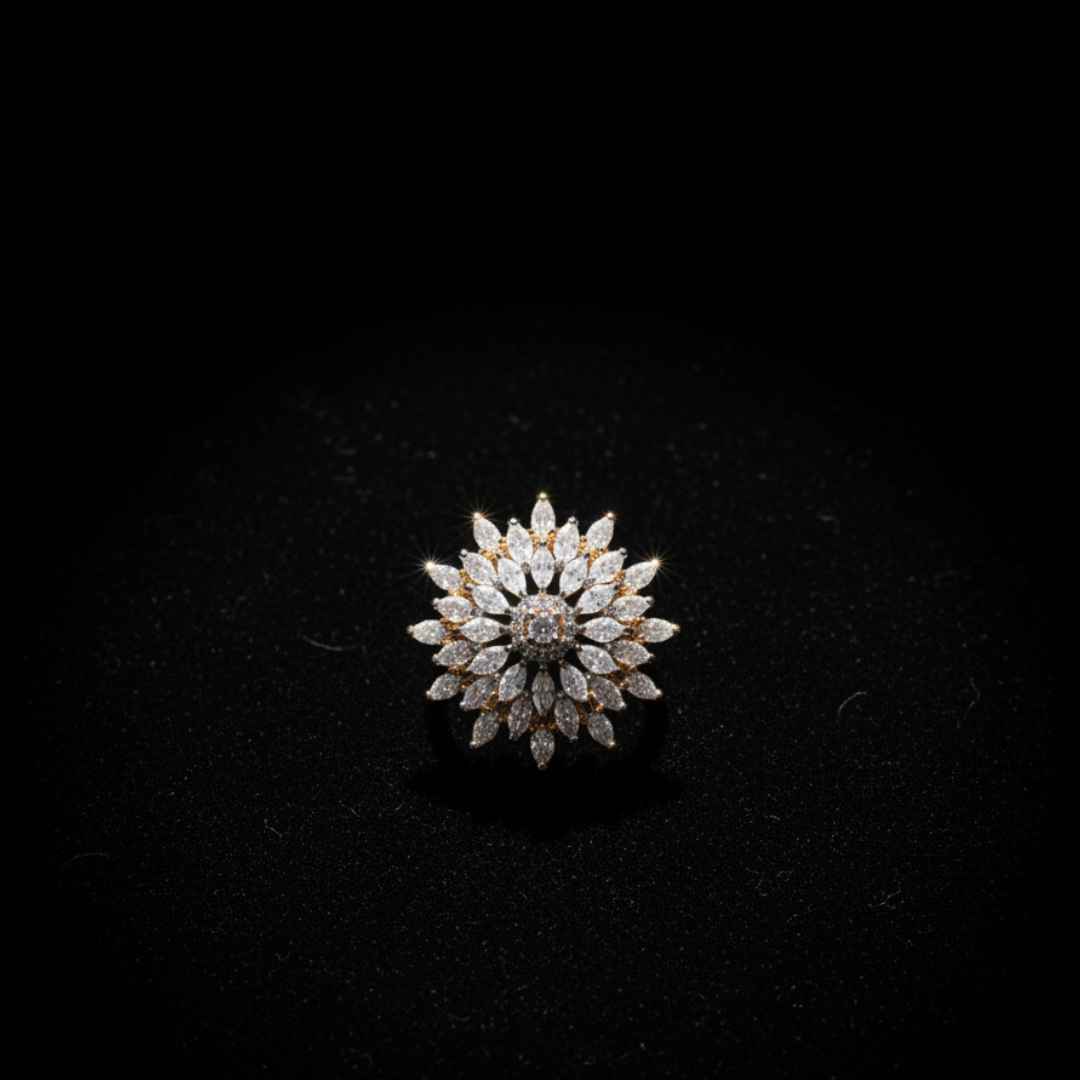 Floral Burst Crystal Ring Elegant Gold Statement Cocktail Jewellery