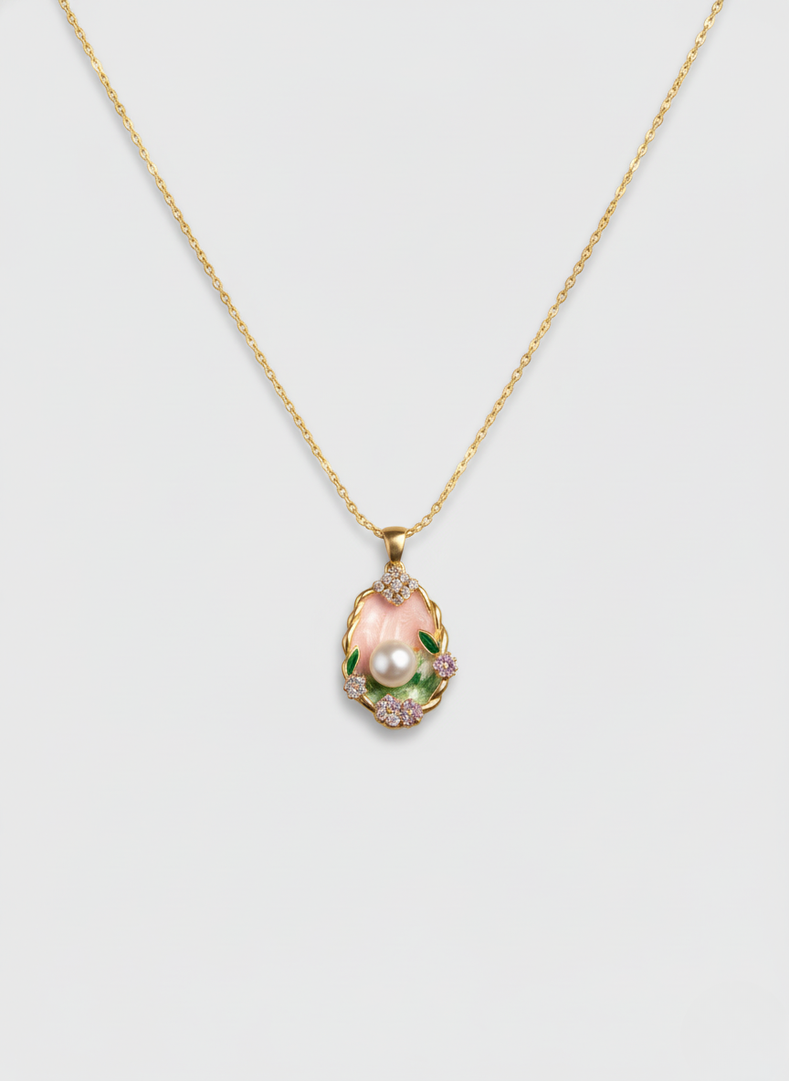 Ratmanee Pearl Bloom Necklace – Gold-Plated Pendant with Pink Enamel and Crystal Flowers
