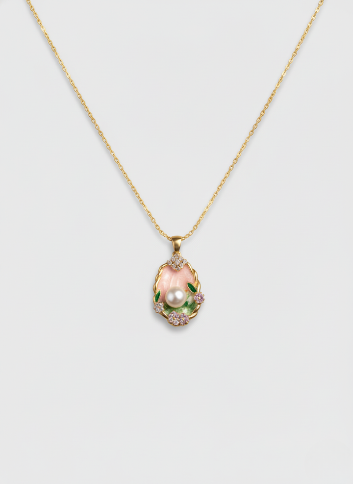 Ratmanee Pearl Bloom Necklace – Gold-Plated Pendant with Pink Enamel and Crystal Flowers