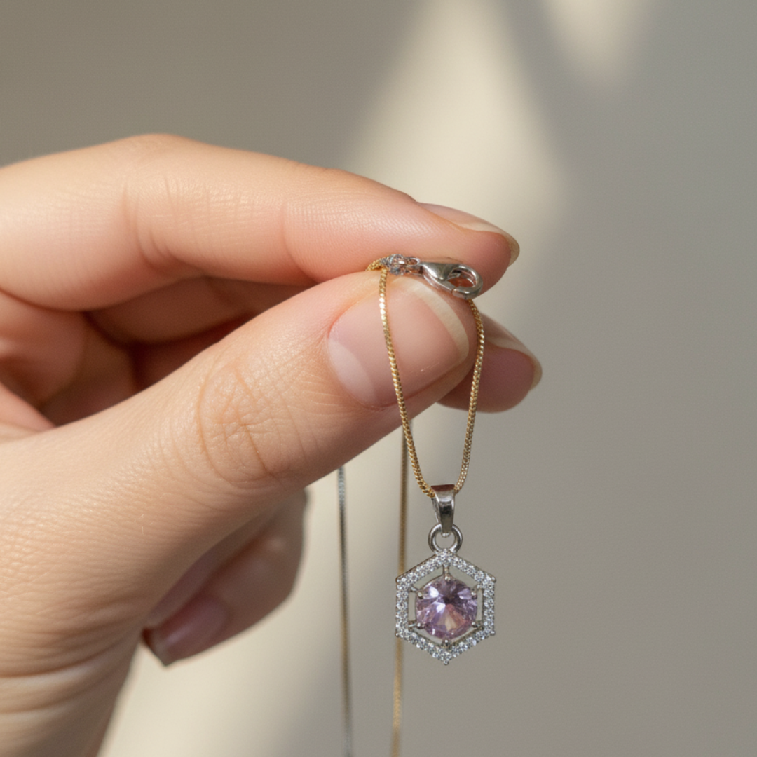 Hexagon Lavender Stone Jewellery Set Silver Pendant & Earrings for Women