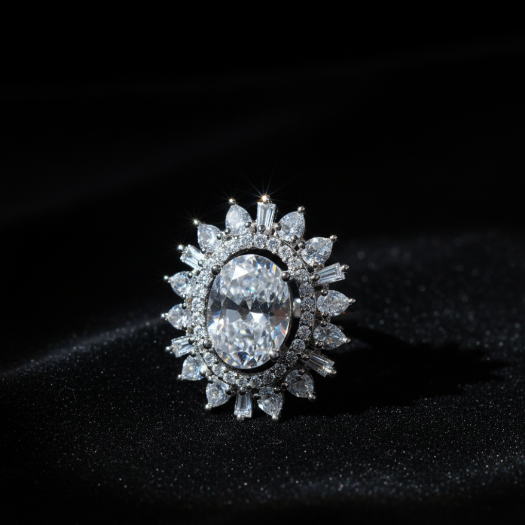 Oval Crystal Halo Ring Luxury Silver Statement Cocktail Jewellery