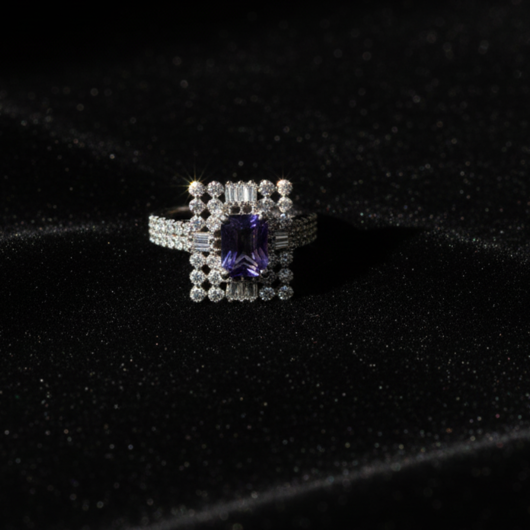 Violet Crystal Halo Ring Luxury Silver Cocktail & Statement Jewellery